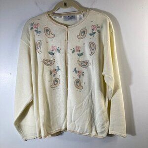 Womens Vintage Jantzen Hand‎ Embroidered Cardigan Cream Floral Paisley XL